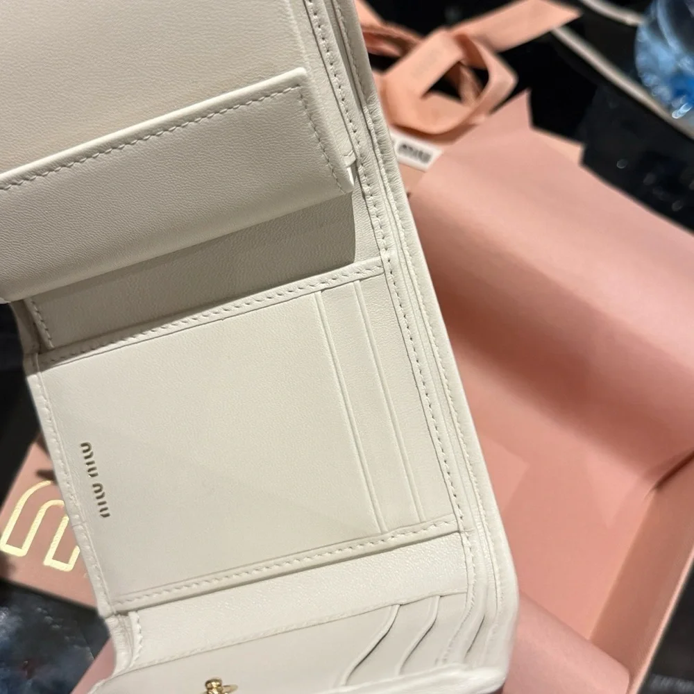 Miu Miu Ivory Matelassé Leather Compact Wallet with Gold Logo